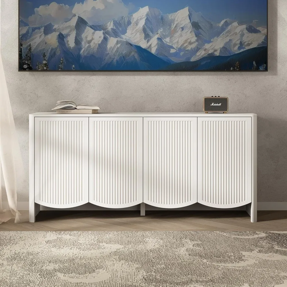 خزانة بوفيه جانبية مع مساحة تخزين، وخزانة تخزين مخددة مع 4 أبواب وأرفف قابلة للتعديل، وحامل تلفزيون Credenza الحديث #6