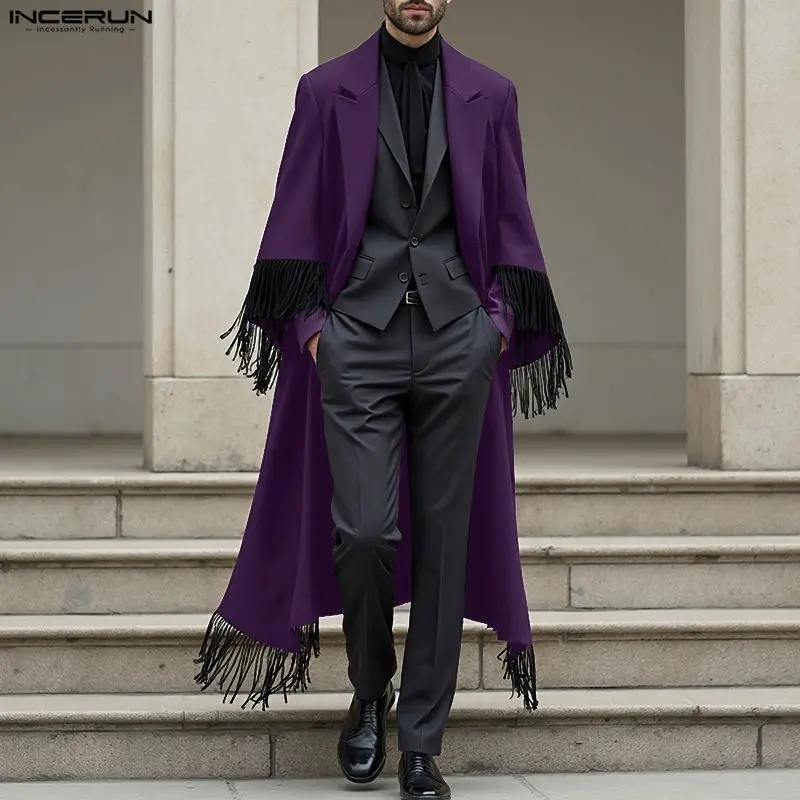 

INCERUN мужской пиджак с кисточками в стиле пэчворк с лацканами и длинным рукавом, длинный стильный пиджак, мужская уличная одежда, свободные пальто, модный повседневный мужской костюм 2025 г.