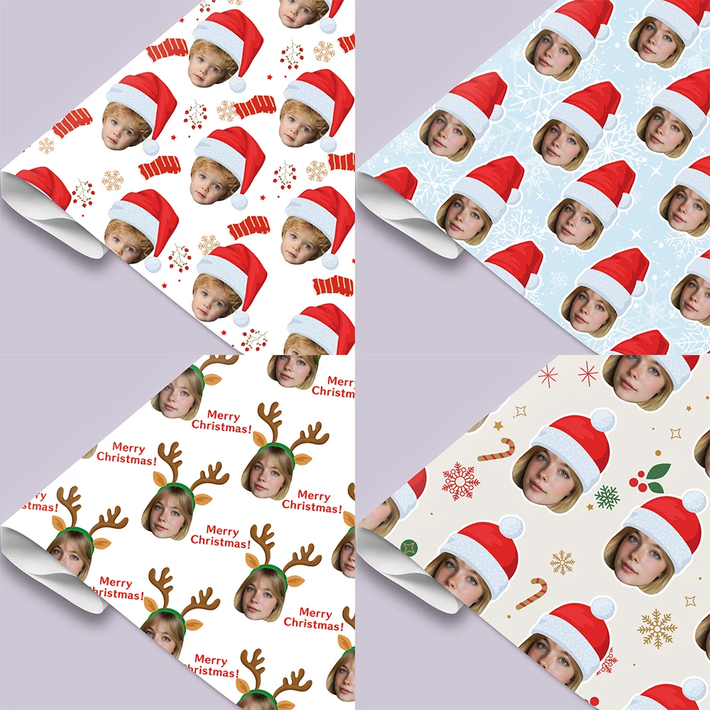 3 Stück Foto Gesicht Weihnachten personalisierte Geschenkpapier Weihnachten rot Weihnachtsmütze Rentier Foto Geschenkpapier Frohe Weihnachten Urlaub Dekor