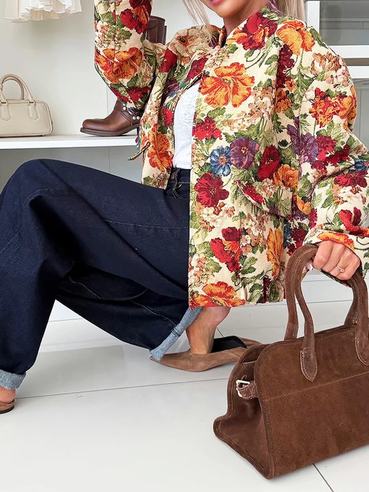 

2025 Casual Long Sleeve Loose Outwear Women's Elegant Flower Print Button Autumn Jacket Fashion Stand Collar Bohemian Short Coat