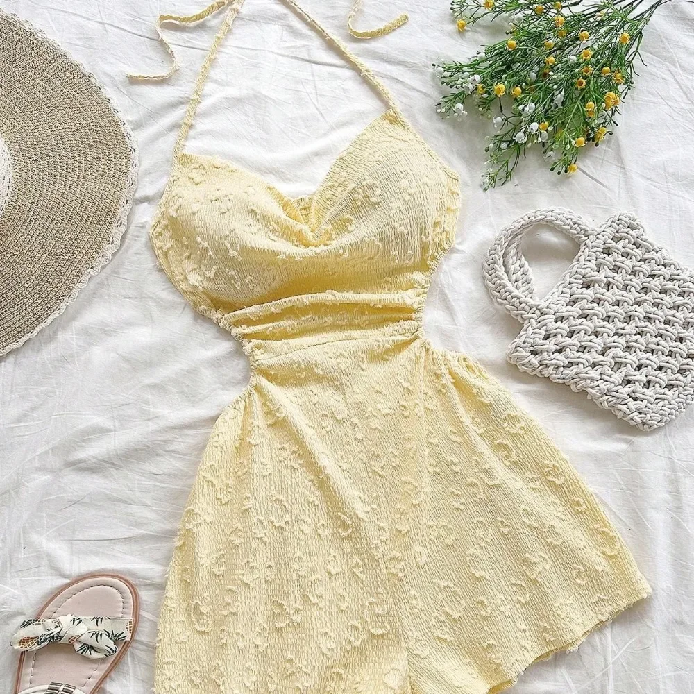 Women Sweet Halter Sleeveless Ruched Cropped Jumpsuit Tie Backless Beach Vacation Romper Streetwear Chic