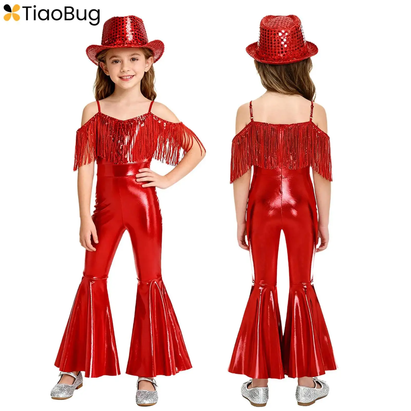 

Kid Shiny Hippie Costume for Girls Jazz Dance Disco Outfit 70s 80s Sleeveless Sequins Tassels Prom Flare Jumpsuit Pageant Gown