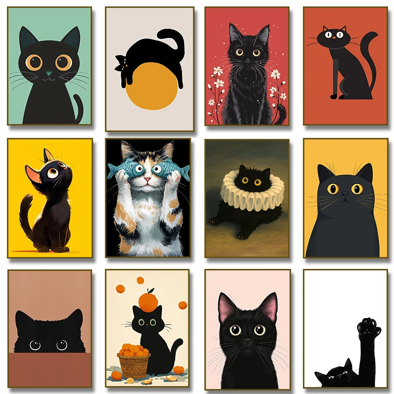 (No frame)Minimalism Cute Peeping Black Cat Funny  Modern Poster and Prints Canvas Printing Wall Art Picture for Living Room