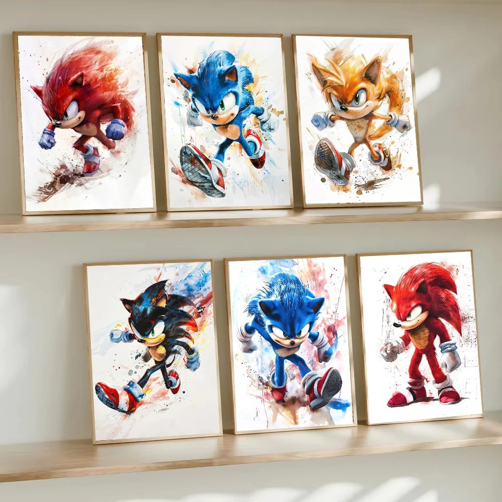Póster clásico de personaje de Sonic en acuarela, pintura en lienzo, decoración de pared para habitación de niños, cafetería, hogar, Cuadros