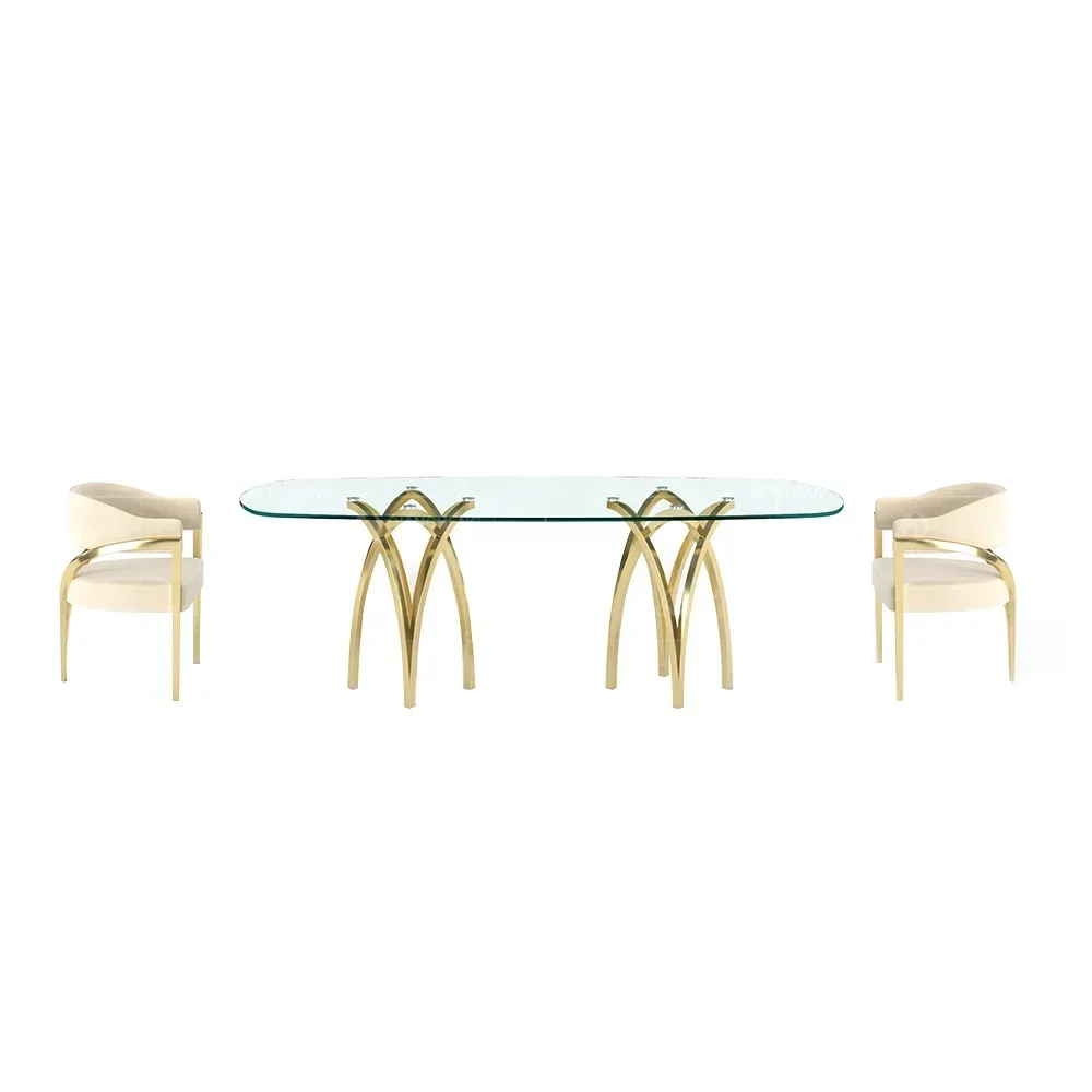 Luxury Dining Table Vintage Tempered Glass Top Dining Table 8 Sitter Metal Gold Stainless Steel Furniture