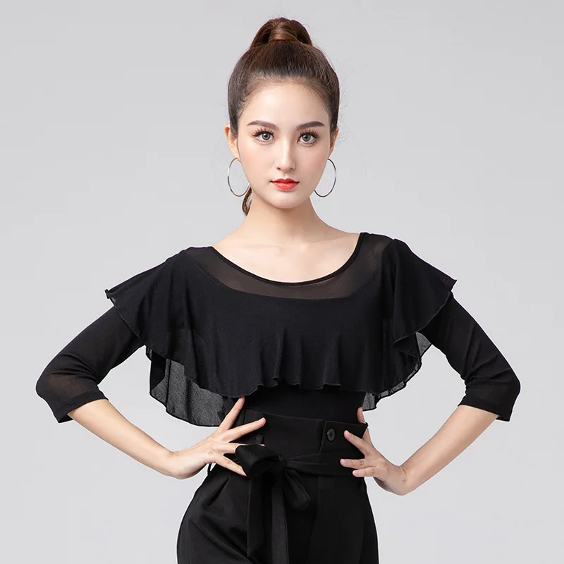 Haut de danse latine noir avec manches trois quarts, Design à volants, vêtements d'entraînement pour femmes, pour la danse Standard, 2025