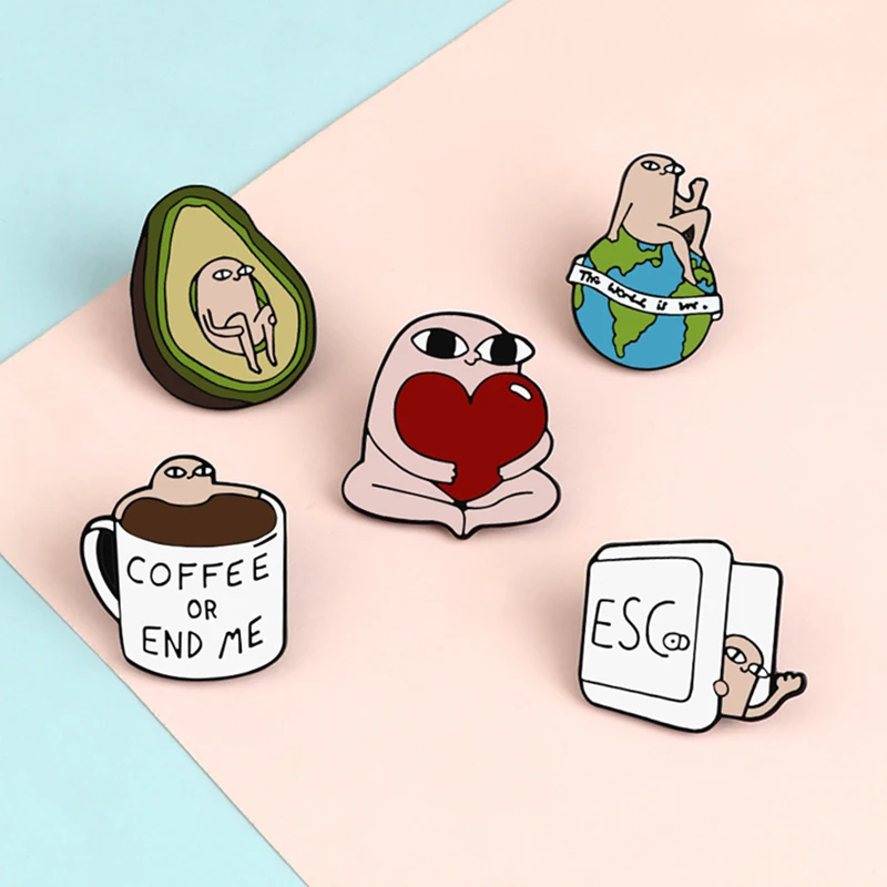 Fun Monster Brooches Custom Earth Coffee Avocado Heart Cartoon Badges Bag Clothes Enamel Lapel Pins Jewelry for Kids Friend Gift