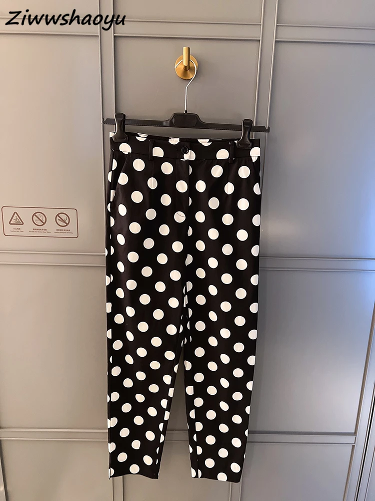 

High Quality Summer Women Fashion Runway Designer High Waist Polka Dot Printed Elegant Slim Long Pants Bottoms