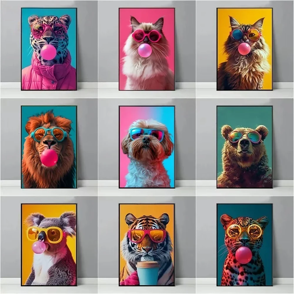 Colorful Bubblegum Animals With Sunglasses Poster Prints Samoyed French Bulldog Corgi Canvas Painting Art Picture Home Decor