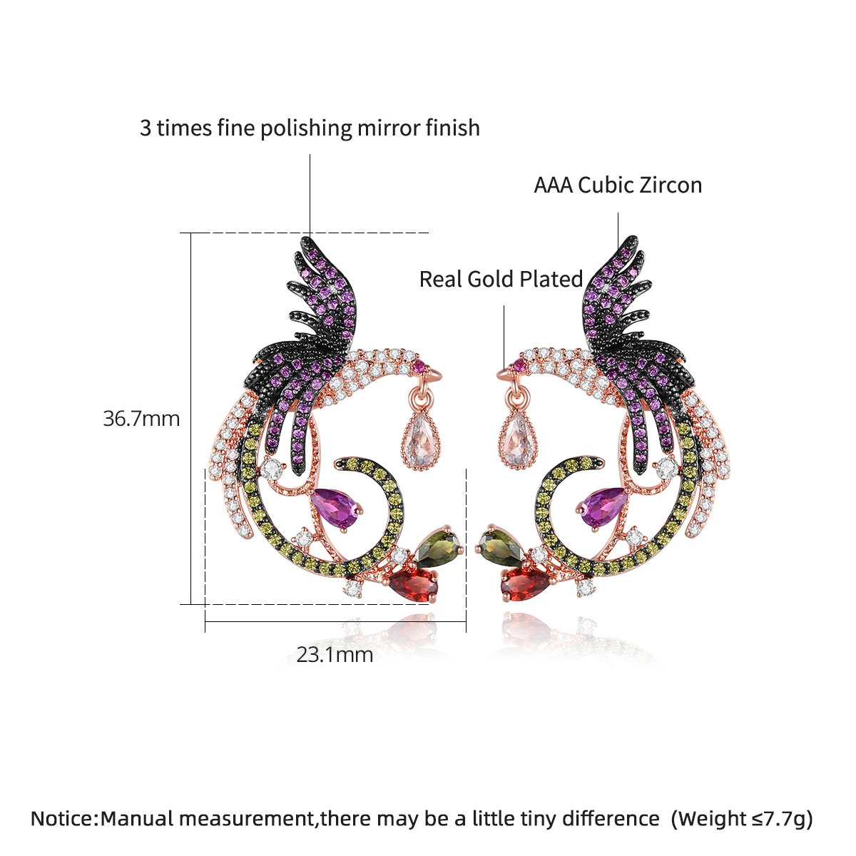 LUOTEEMI Vintage Unique Colorful Rainbow Jewelry CZ Phoenix Stud Earrings for Women Animal Bird pendientes for Bridal Wedding