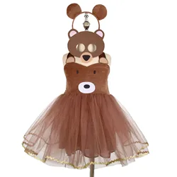 Brown Bear Tutu Dress Outfit for Girls Kids Animal Halloween Cosplay Costumes Children Christmas Birthday Dresses with Headband