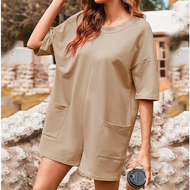 Women\'s V-neck Double Pocket Casual Front & Back Wearing Short Sleeve Jumpsuit 2024 Summer New Fashion Loose Romper for Women