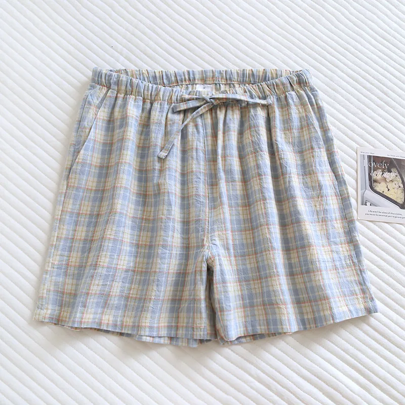2024 Zomer Nieuwe Shorts 100% Katoenen Geruite Huisbroek Voor Heren En Dames Dunne Losse Grote Slaapbroekjes