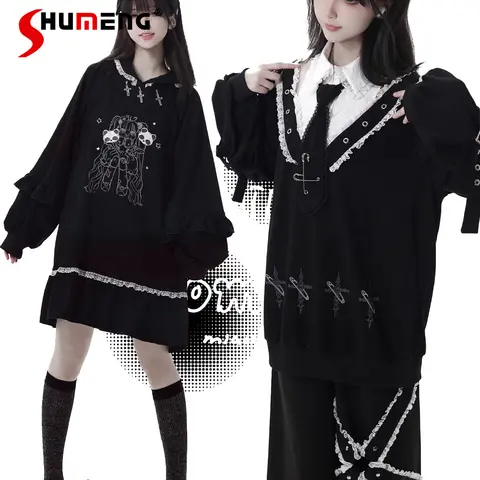 Highstreet Sweet Cool Casual Hooded Dress Cartoon Print Embroidery Lace Ruffles Patchwork Long Sleeve Loose Black Dress Women