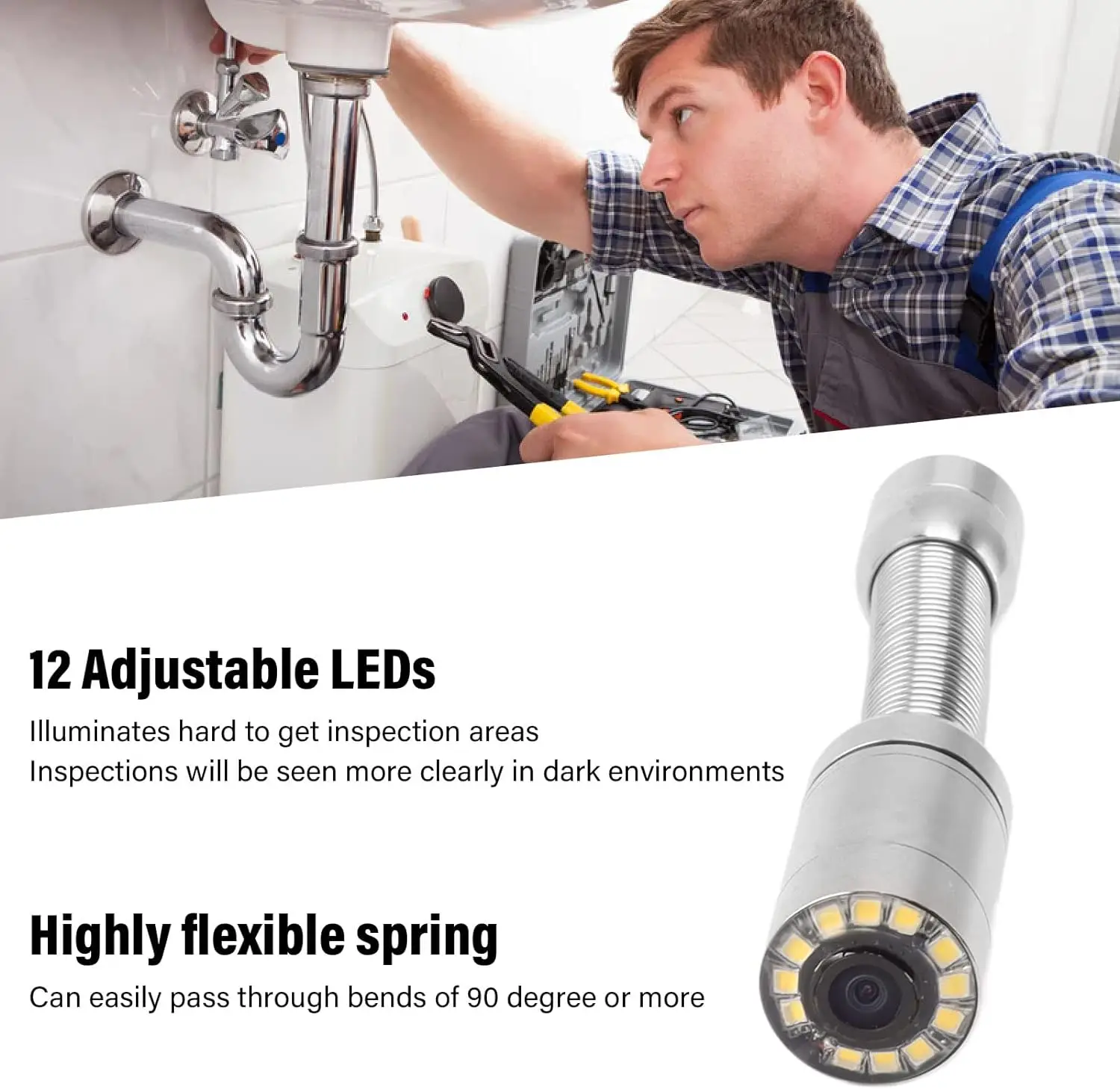 Câmera Boroscópio Profissional 23mm CMOS 145 °   Câmera de inspeção de esgoto/tubo de drenagem com SD/DVR, cabeça de equilíbrio