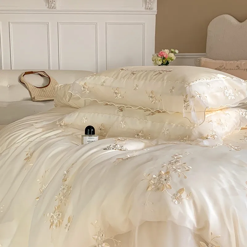 1000TC Egyptian Cotton Elegant French Romantic Wedding Bedding Set Embroidery Flowers Lace Yarn Duvet Cover Bed Sheet Pillowcase