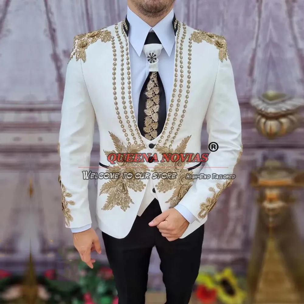 Ternos de casamento luxuosos para homens, festa formal, apliques dourados, conjuntos de blazer de baile, sob medida, 3 peças