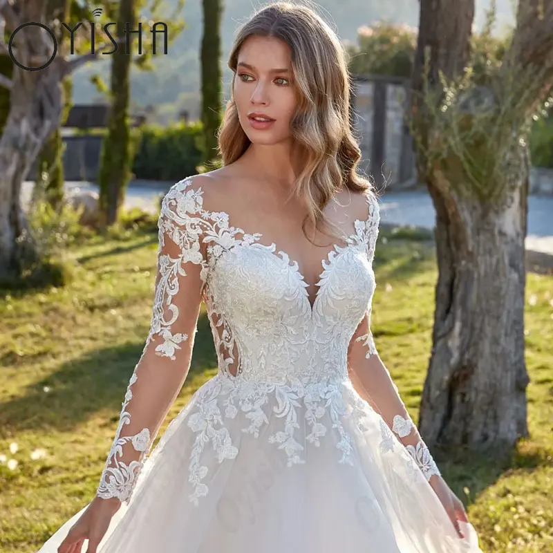 OYISHA maniche lunghe Appliques abiti da sposa scollo a v Tulle a-line Backless Illusion abiti da sposa Vestido De Mariages su misuraOYISHA Maniche complete Appliques Abiti da sposa V-Neck Tulle A-Line Backless Illusio