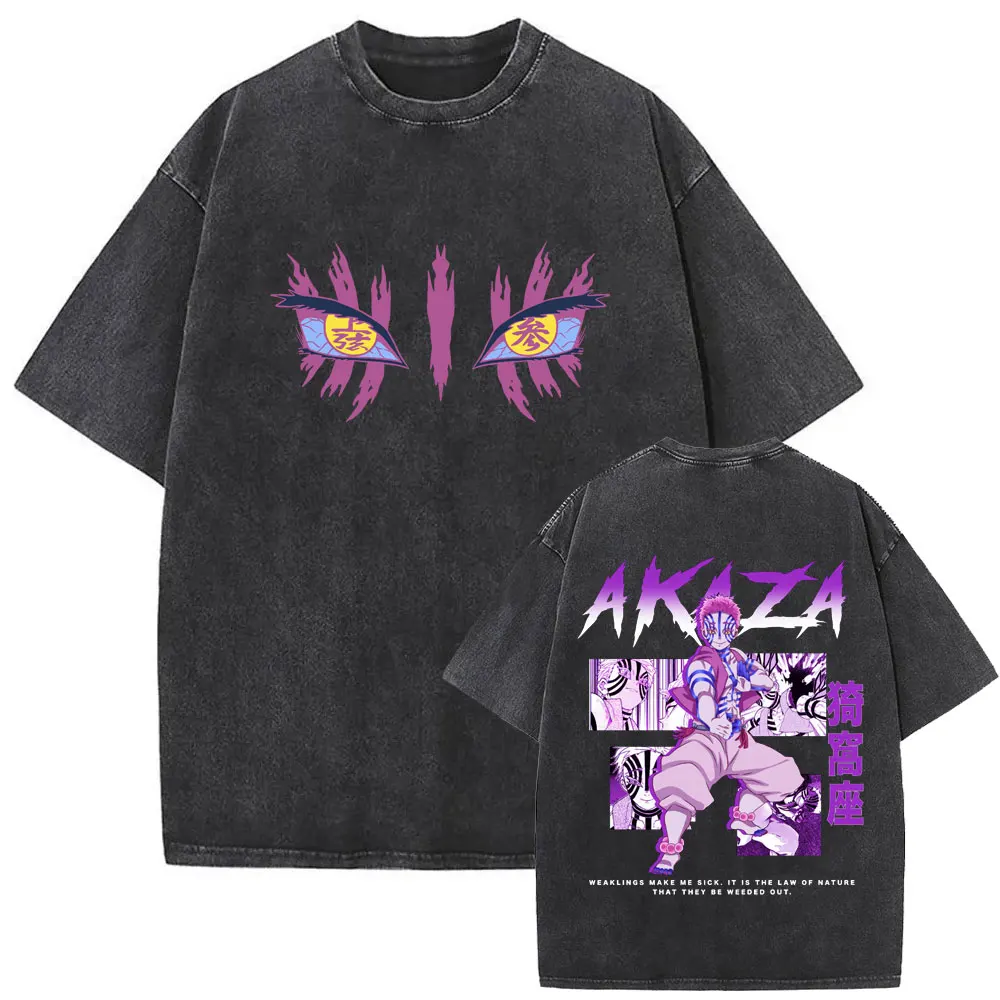 

Anime Demon Slayer Vintage Washed T-shirt Akaza Graphic T-shirts Men Women Clothing Cartoon Fashion Trend Short Sleeve T Shirts