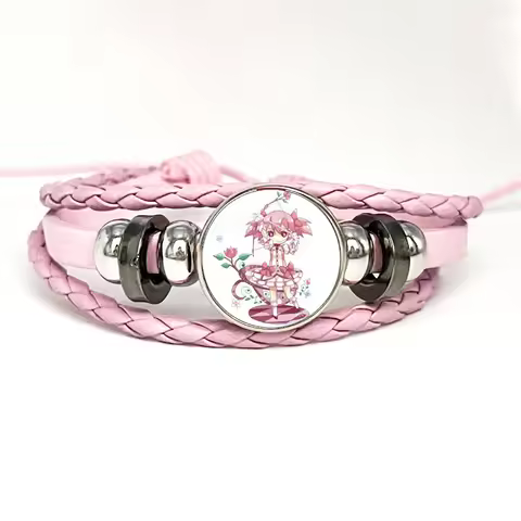 Puella Magi Madoka Magica Cosplay Kaname Madoka Pink Leather Bracelet Glass Cabochon Button Multilayer Bangles Wristband Gift