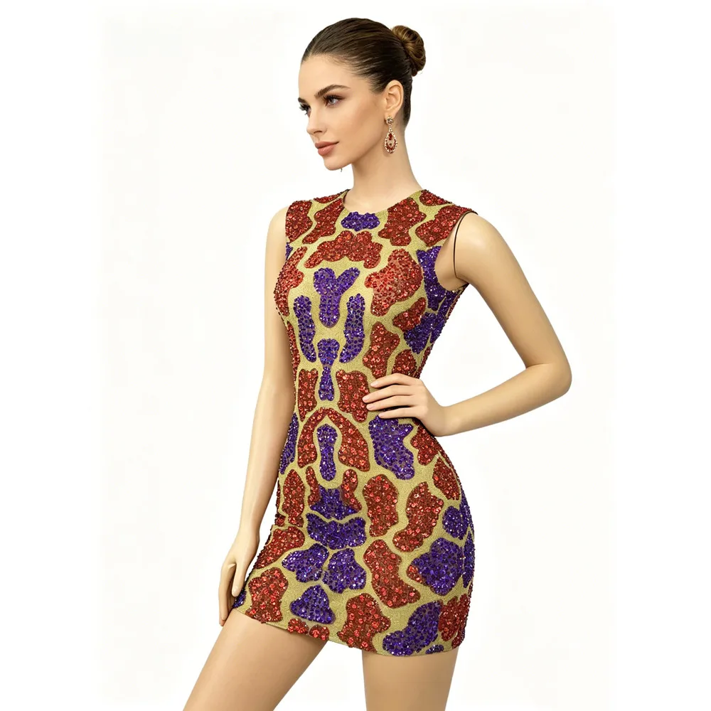 Luxury Rhinestones Short Dress Shiny Sleeveless Elastic Women Birthday Prom Tight Dress Singer Model Host Stage Catwalk Costume