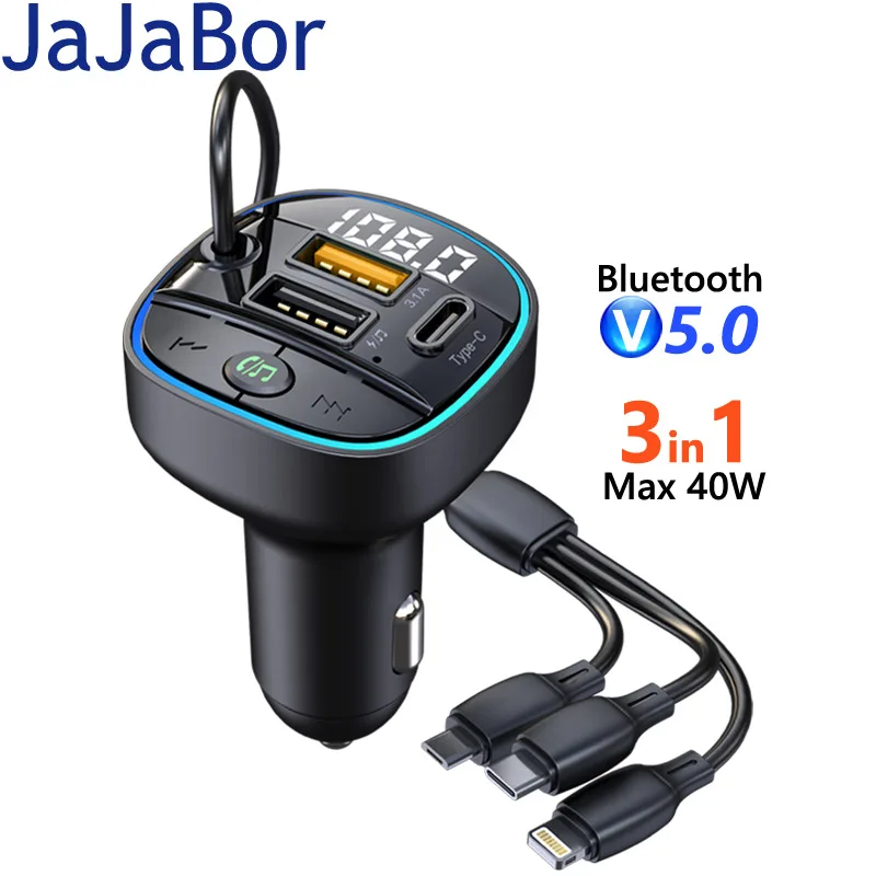 JaJaBor nadajnik FM 3 W 1 kabel ładujący 40W 2 rodzaj USB C 3.1A szybka ładowarka odtwarzacz MP3 zestaw samochodowy Bluetooth zestaw głośnomówiący