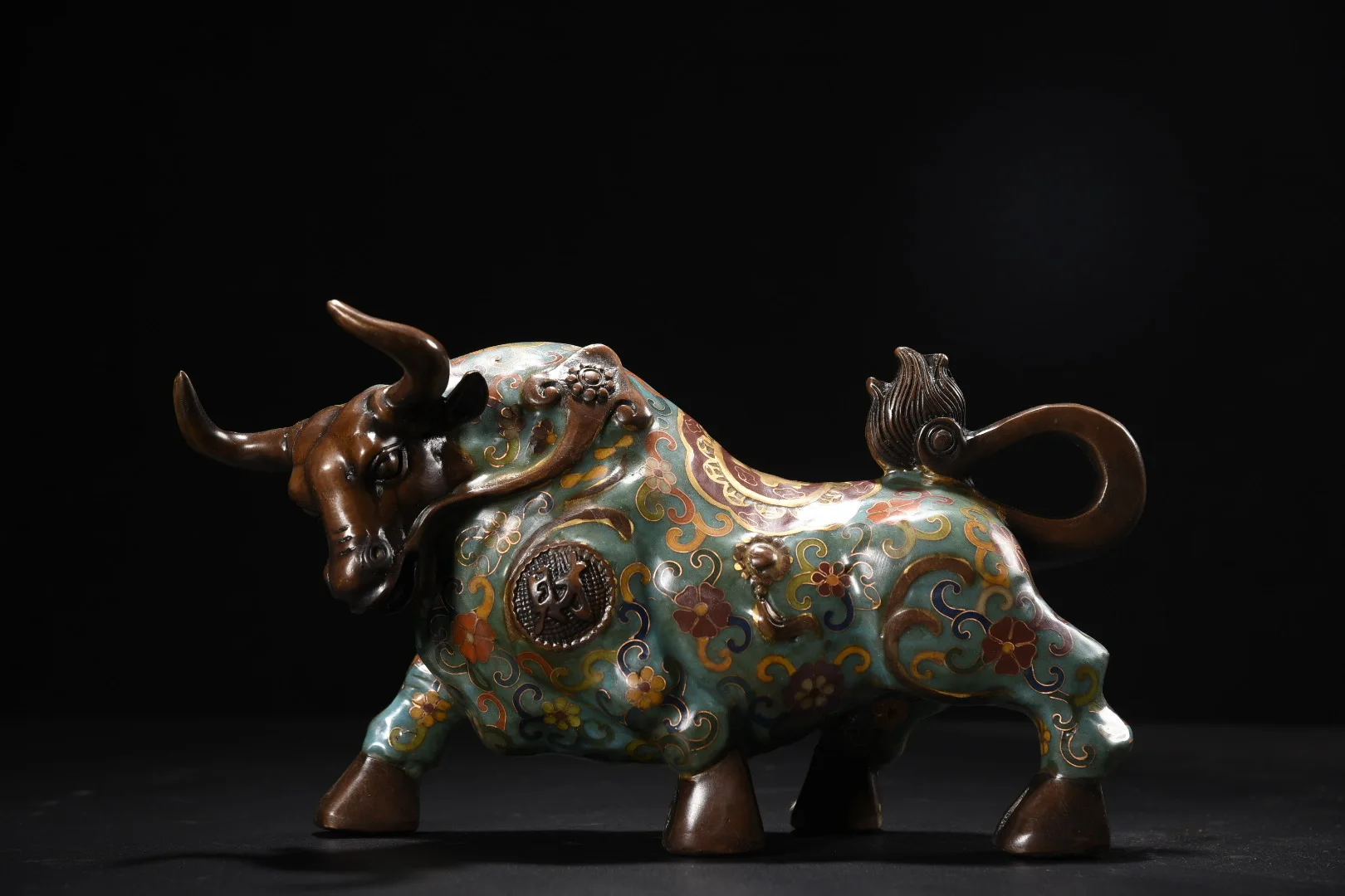 

11"Tibetan Temple Collection Old Bronze Cloisonn Enamel Flower Texture Wealth Bull Statue Struggling Bull Bullish Ornaments