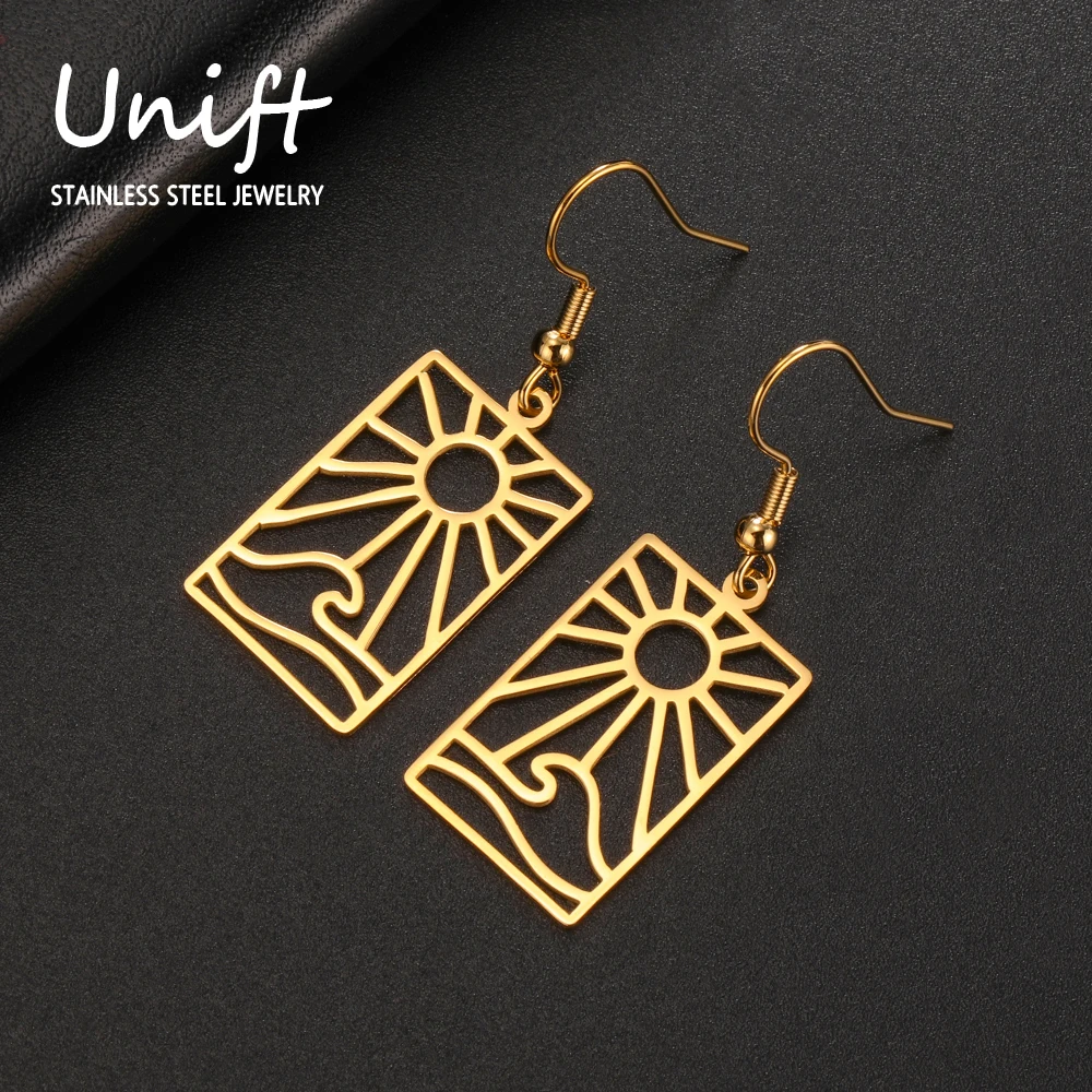 Unift Rising Sun Sea Wave Dangle Earrings for Women Summer Beach Fashion Trendy Boho Bohemian Jewelry Stainless Steel Charms