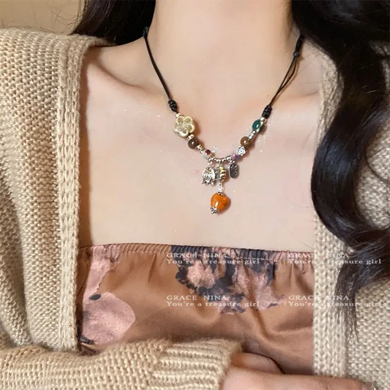 

Persimmon Ruyi Chinese Ceramic Beaded Necklace With Female Minority Design Ethnic Style Collar Chain 2023 New Trend