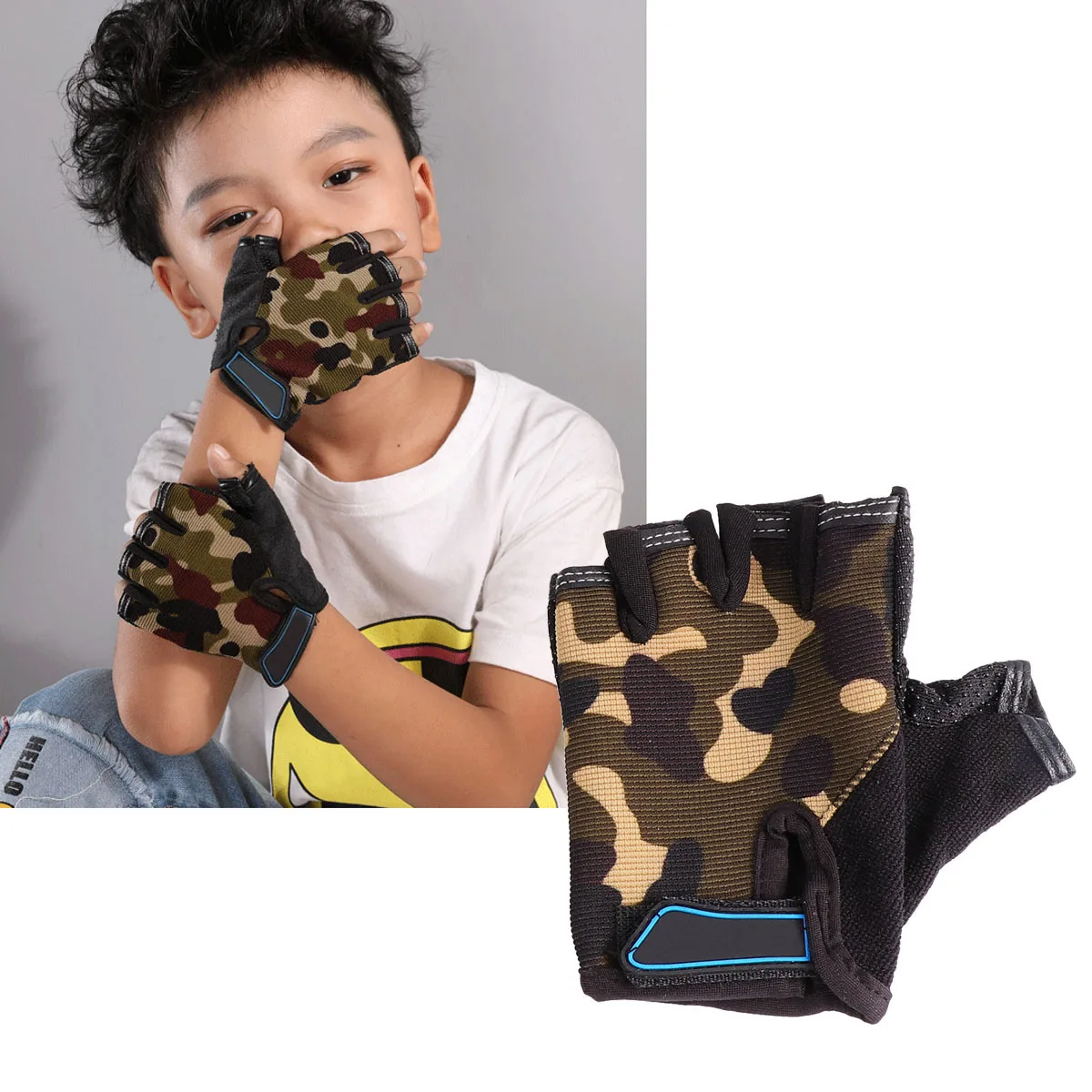 

3Pairs Kids Riding Gloves Half Finger Breathable Cycling Gloves Shockproof Outdoor Sports Biking Fitness Black Camouflage Green