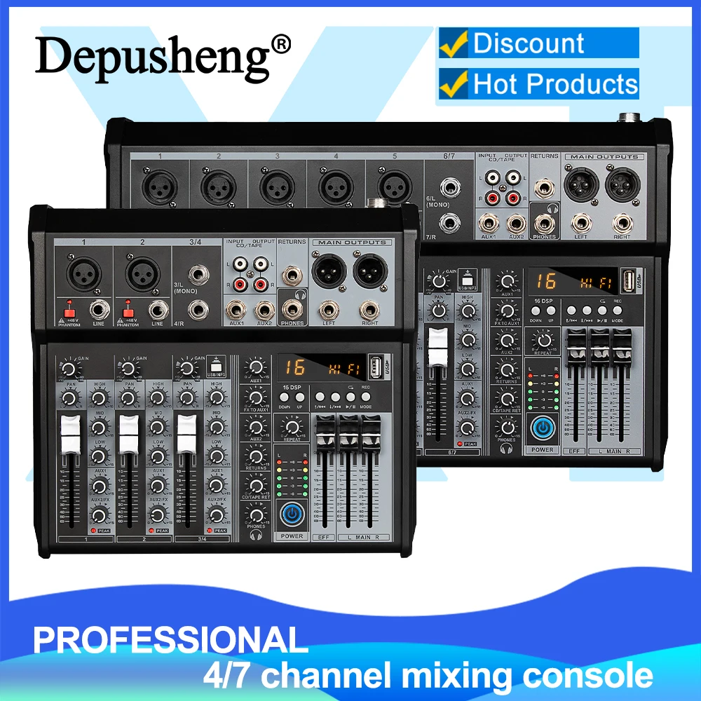 4 / 7 Channel Audio Interfacer DJ Mixer Sound Board 99-Bit DSP Effect USB Audio Mixer Effects +48V Phantom Bluetooth for Karaoke