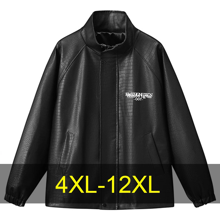 

12XL Plus Size PU Jacket Men Fashion Casual Print PU Jacket Coat Male Big Size Stand-up Collar PU Coat