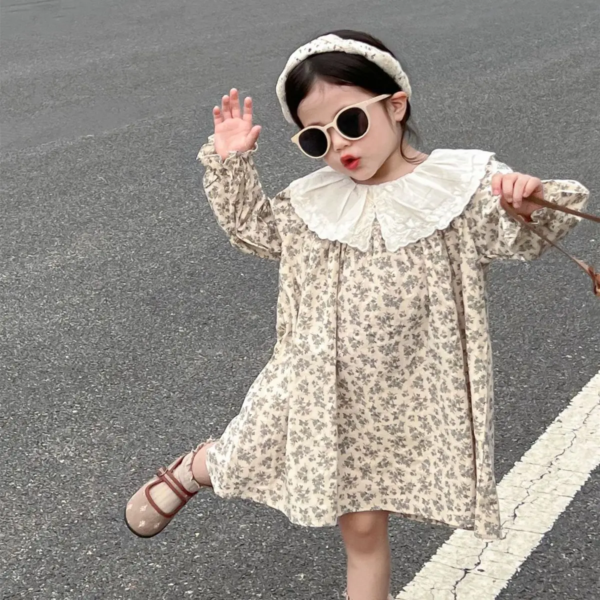 Dress Korean Girls Spring and Autumn Embroidered Lace Apricot Bottom Floral French Bubble Sleeve Princess Dress