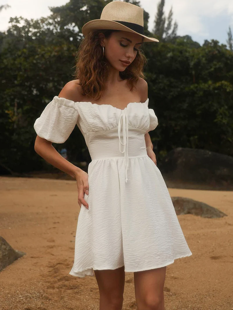 MSCSZ 퍼프 슬리브 오프 숄더 미니 드레스 보우 타이 하이 웨이스트 a 라인 여름 드레스 여성 Boho Chic 짧은 생일 파티 드레스