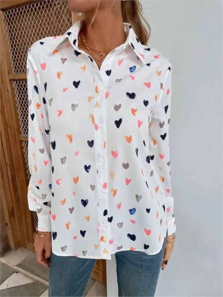 Women Fashion Butterfly Print Shirt Blouse Spring Autumn Turn-down Collar Long Sleeve Button Casual Loose Elegant Ladies Shirts