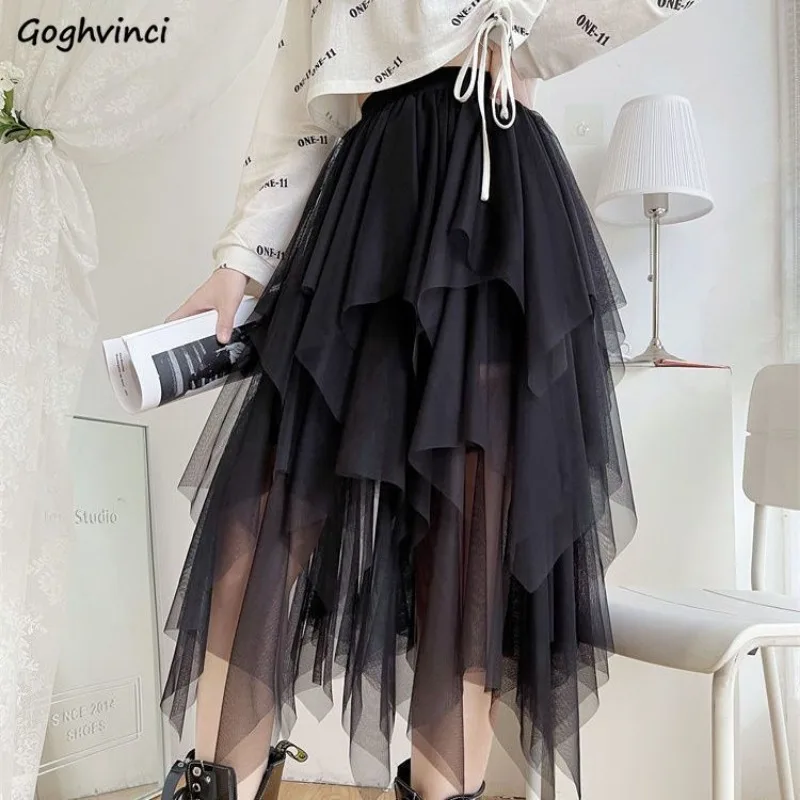 A-line Black Mesh Skirt Women Temperament Fairy Midi Skirts Irregular Fashion Streetwear High Waist Faldas Mujer Sweet Girlish