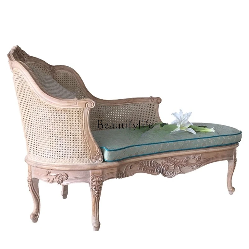 

10*French classical rattan chaise longue beauty couch weathered solid wood lazy chaise longue