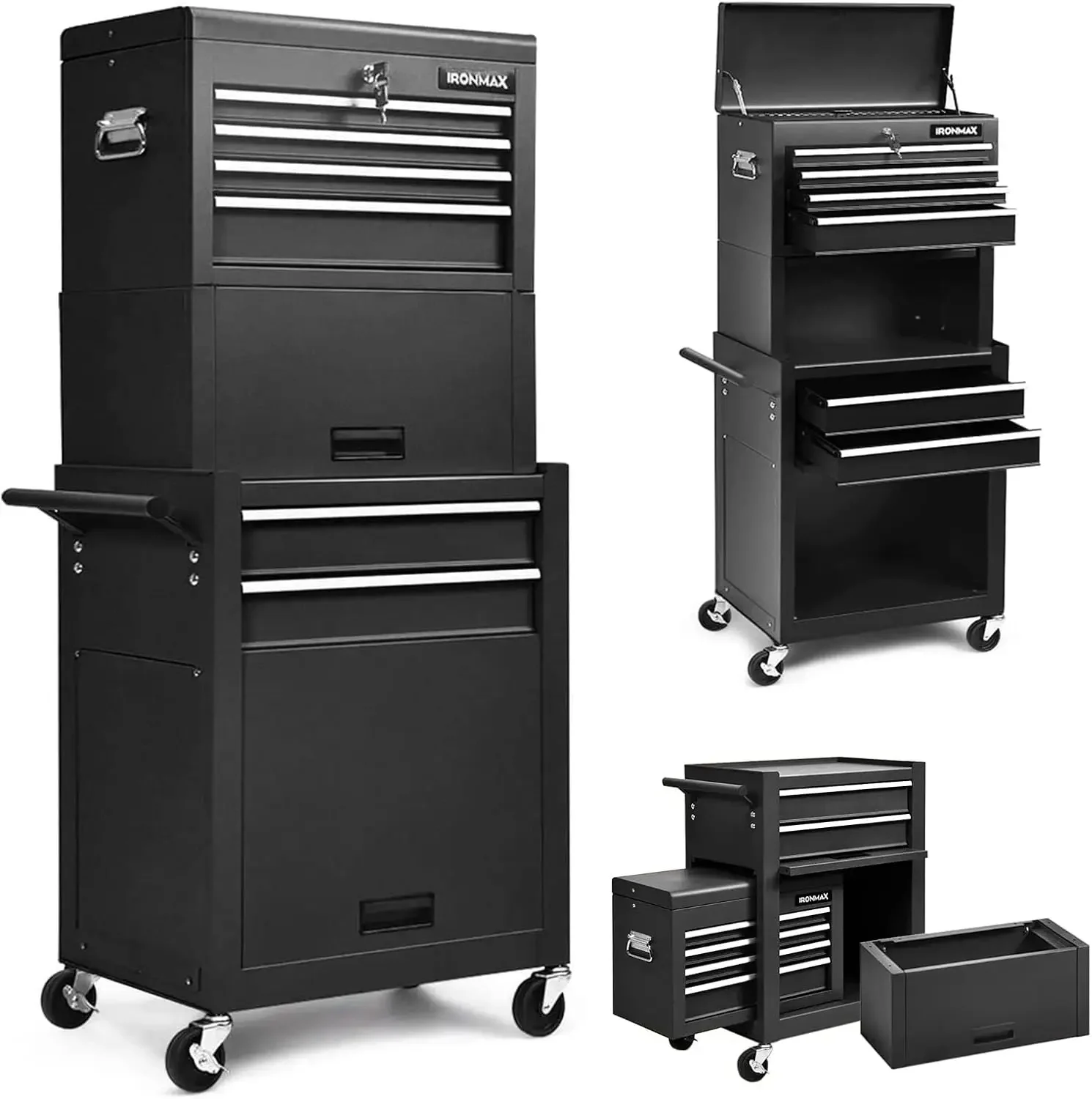 6-Drawer Rolling Tool Chest, 3-in-1 Tool Box Organizer w/Auto Locking System & Lockable Wheels & Sliding Drawers(Black)