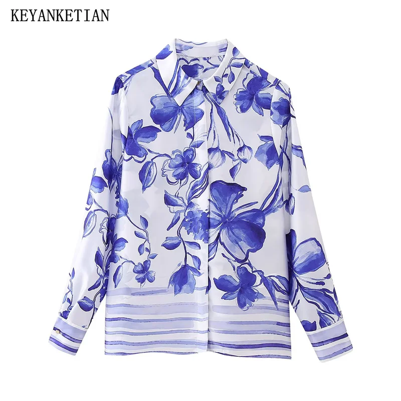 

KEYANKETIAN 2024 New Launch Women's Blue Floral Print Shirt Spring Ethnic style Single Breasted Long Sleeve Short Blouse Top