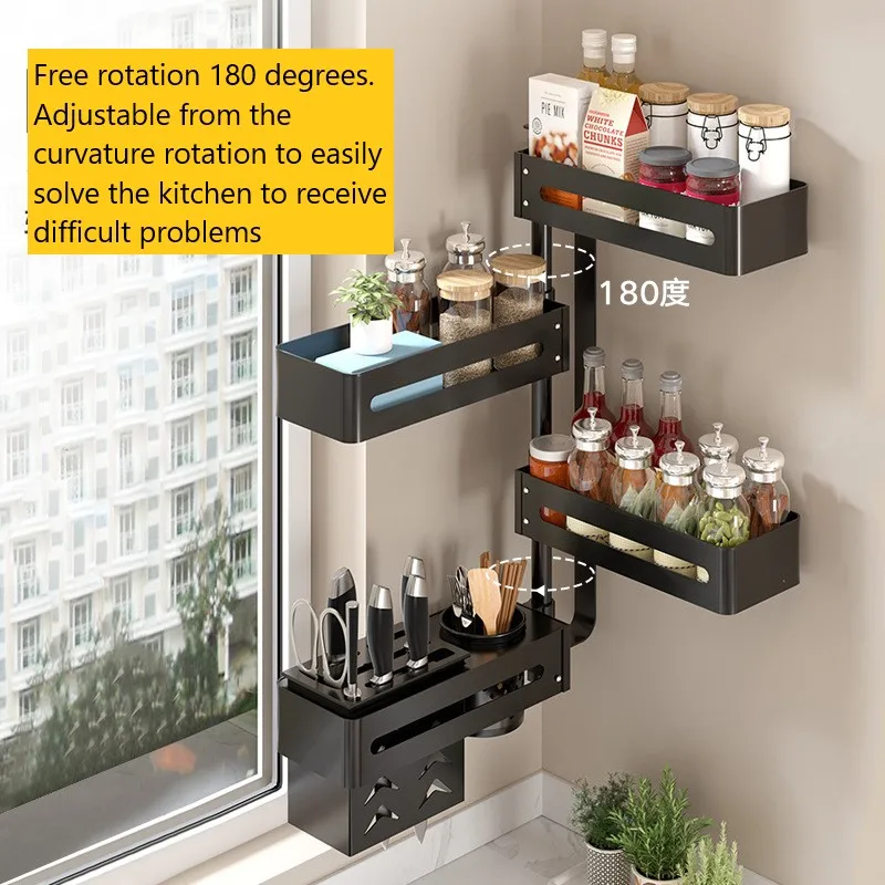 Kitchen Shelf Corner Rotating Condiment Seasoning Rack Free Punching Wall-Mounted Rotating Multi-Functional Storage Shelf