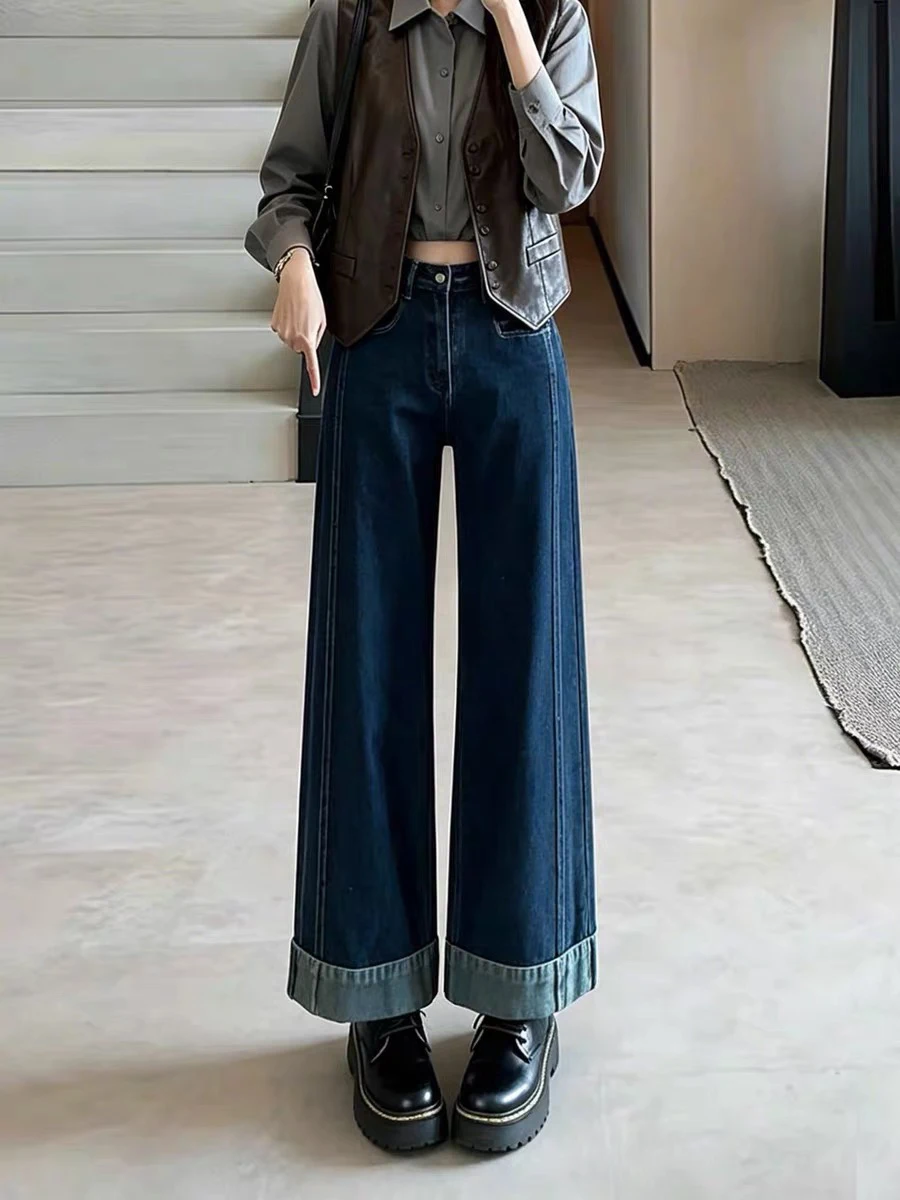 High Waist Straight Leg Blue Jeans Women's Spring Loose Fit Wide Leg Pants Nine Points Retro plus Size Slimming Jeans