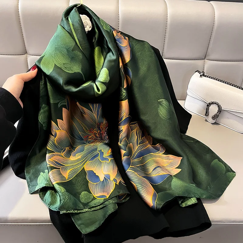 BYSIFA|Dark Green Silk Scarf Ladies Spring Fall Winter Floral Large Size Long Scarves Wraps Summer Beach Shawl Cover-ups