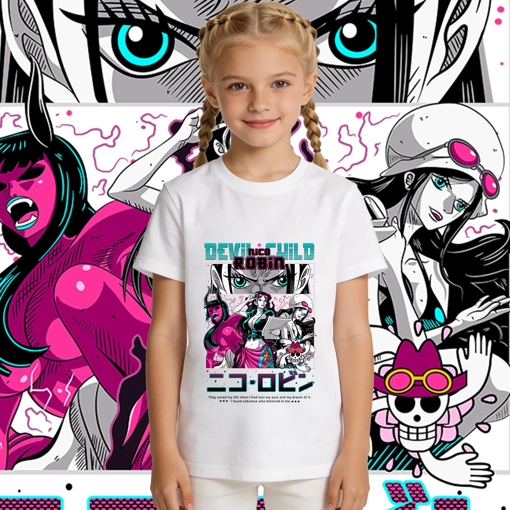 One Piece Robin Anime-Print-T-Shirt aus Baumwolle für Jungen und Mädchen, lässiges Kurzarm-Sommer-Top für Kinder, weich, atmungsaktiv, für den täglichen Gebrauch