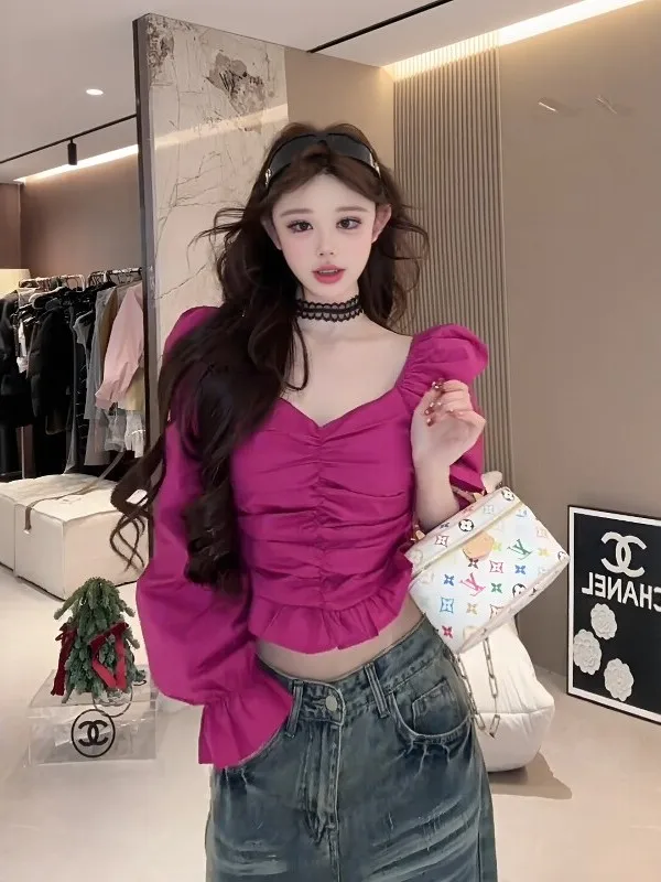 

Korean Style Square Collar Pleated Bubble Sleeve Shirt Women Early Spring Slimming Short Design Beautiful Personality Top