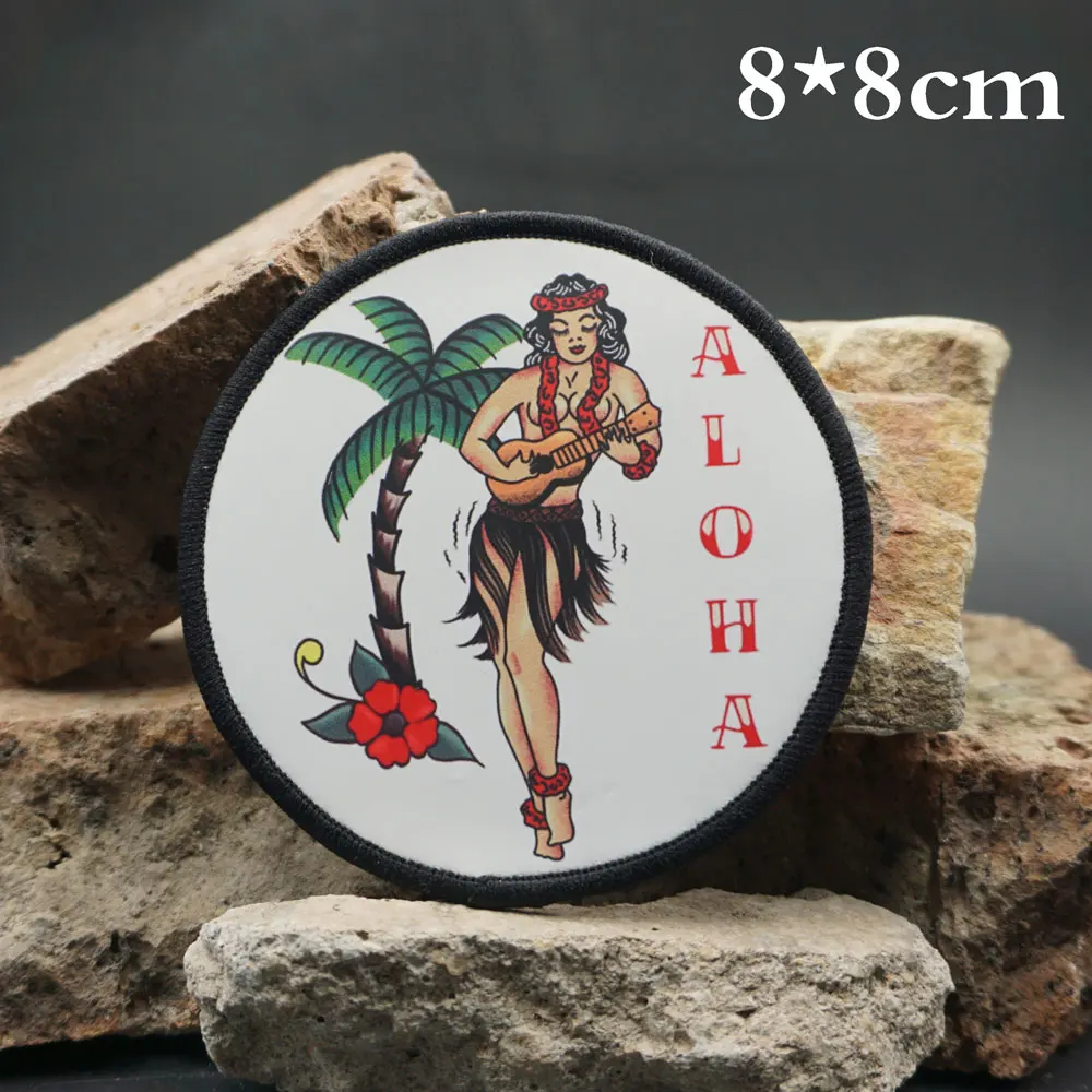 Hawaiian girl Printing patches Applique Sewing Label punk biker Band Rock Clothes Badge with hook backing or sew on