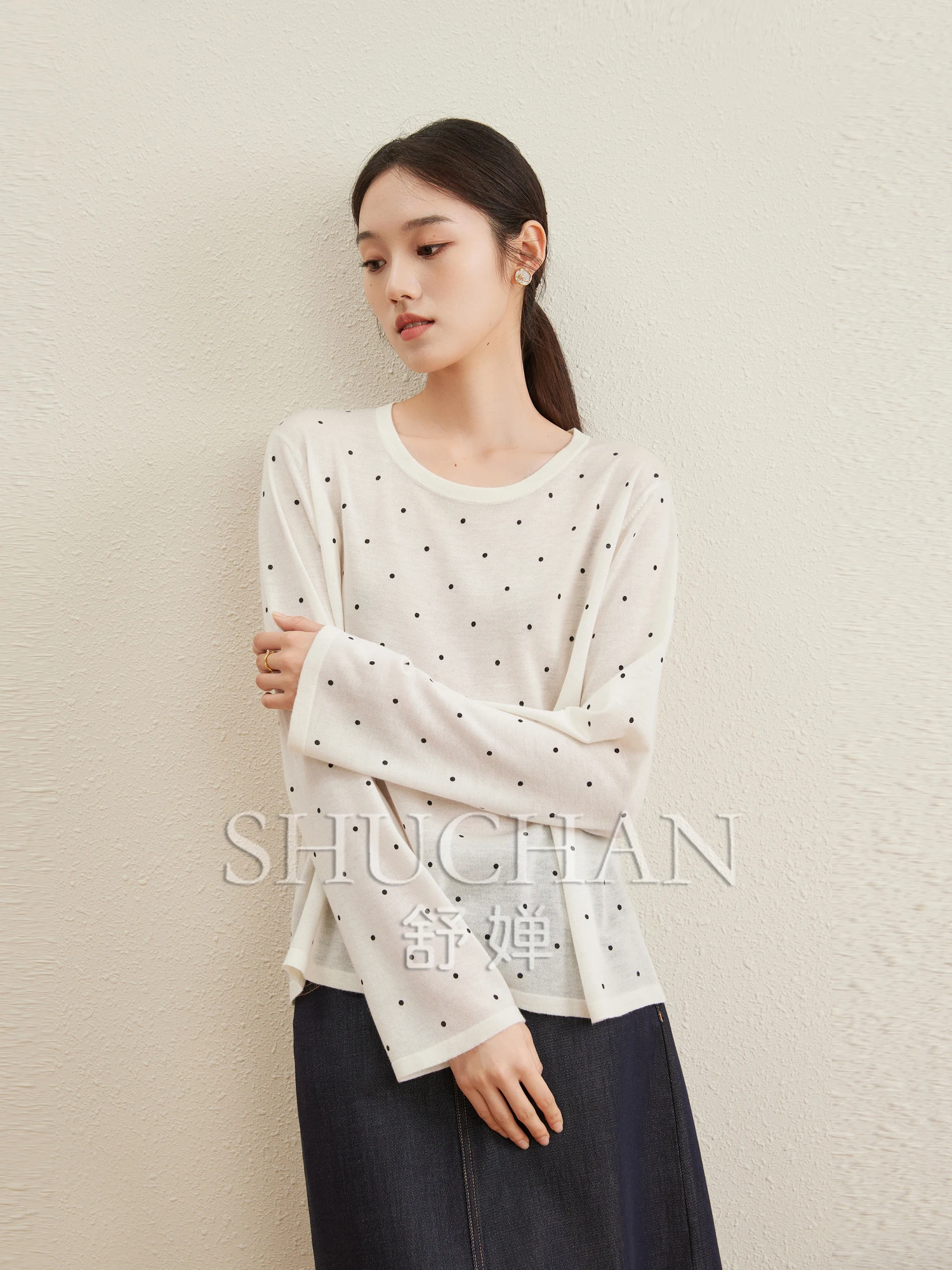 Autumn Wear Wool Blended Loose Crew Neck Polka Dot Long Sleeve Shirt 2024 Autumn Thin Women T Shirt