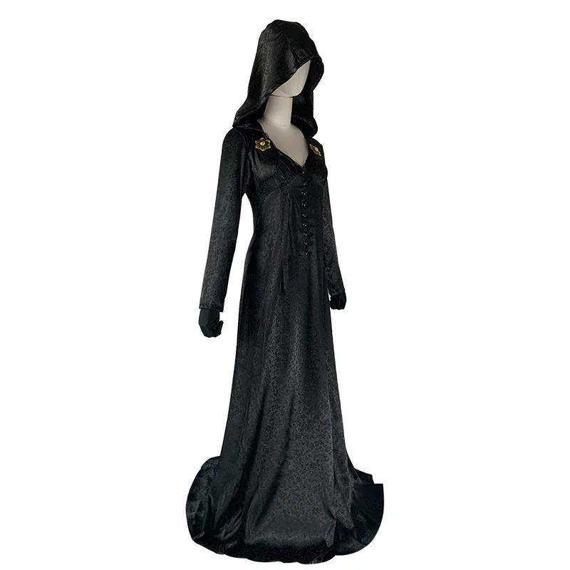 Vampire Lady Bela Dimitrescu Cosplay Costume Woman Hooded Black Dress Mysterious Moth Witch Woman Halloween Role Play Outfit