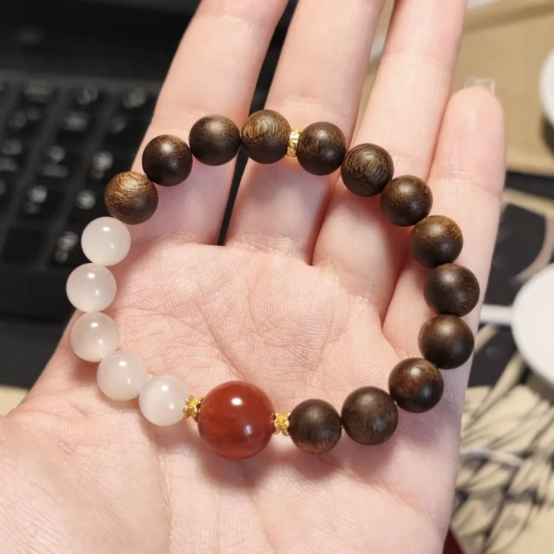 Sandalwood Buddha Beads Natural Jade Lucky Charm Flower Half Mountain Half Water Chinese Style Bracelet Gifts
