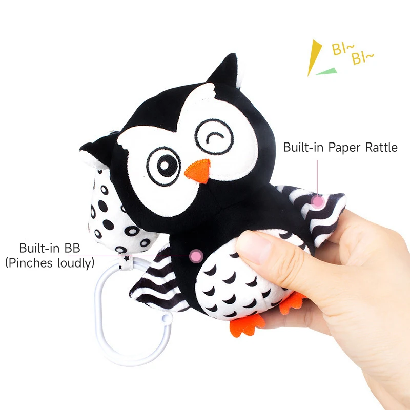 Newborn Stroller Ring The Bell Toys New Black And White High Contrast Cartoon Animal Toys Visual Training Plush Rattle Toys Gift