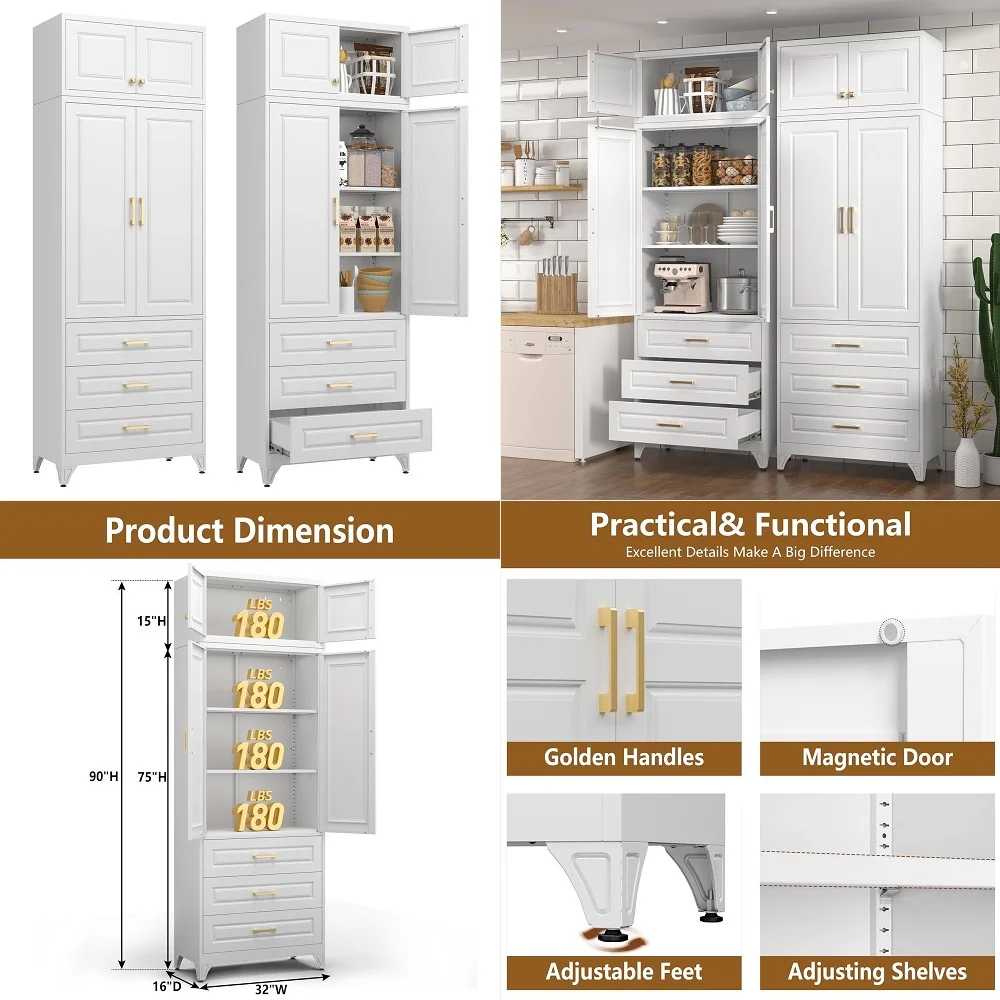

71 Kitchen Pantry Cabinet with LED Motion Sensor Light, Tall Storage Cabinet with 6 Door Shelves, Drawer amp Adjustable Shelves